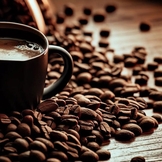 Cup of specialty grade coffee with roasted coffee beans scattered on wooden surface