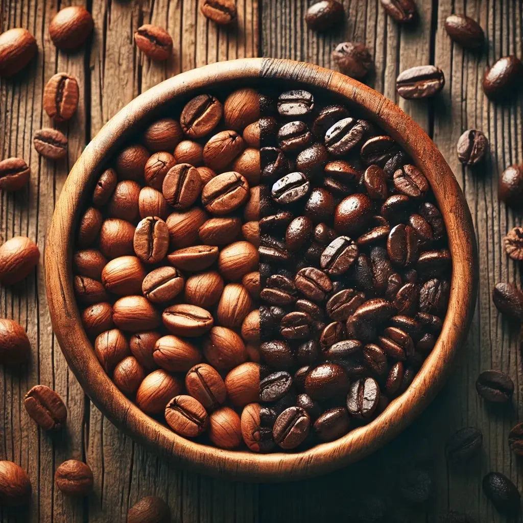 Top view of light roasted coffee beans and dark roasted espresso beans in a wooden bowl on a rustic surface