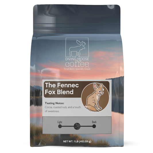 The Fennec Fox medium roast coffee blend with smooth, nutty, cocoa and roasted nuts flavor in 1lb bag
