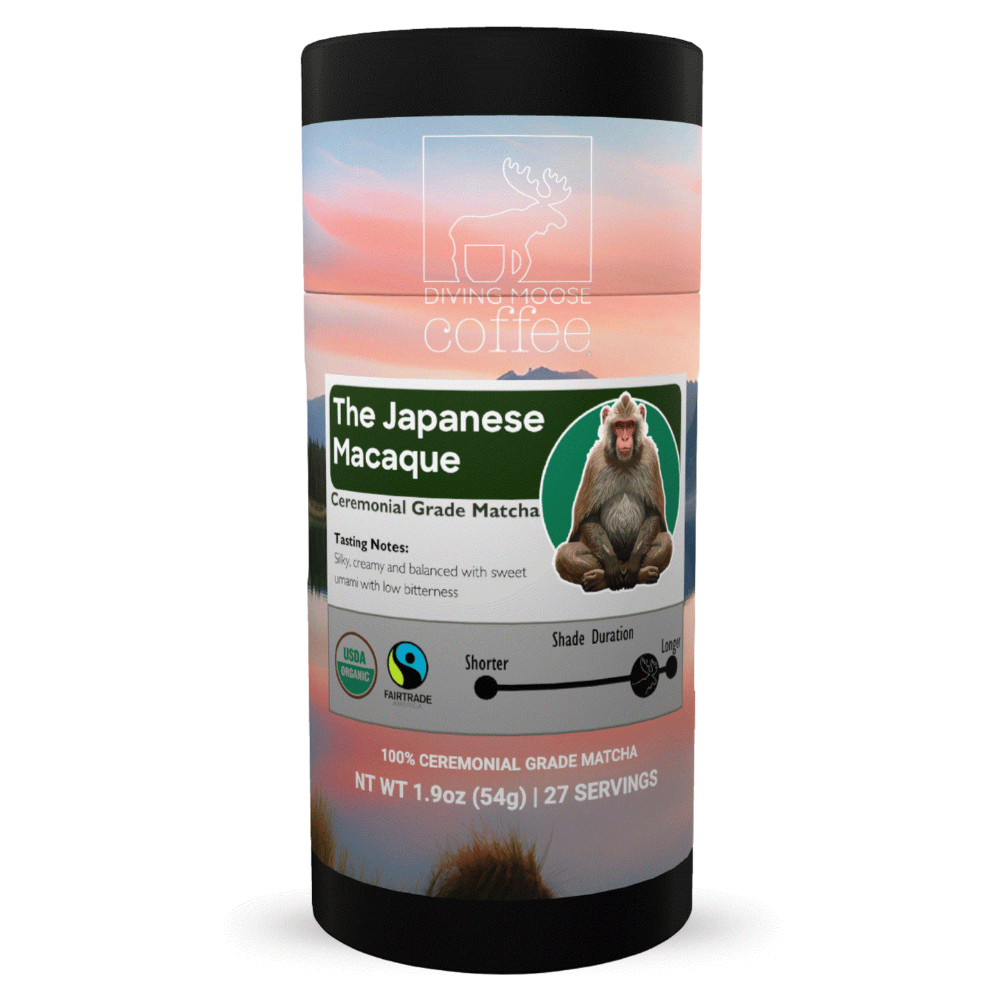 The Japanese Macaque - Organic Ceremonial Grade Matcha Tea packaging showcasing ceremonial grade matcha tea details.