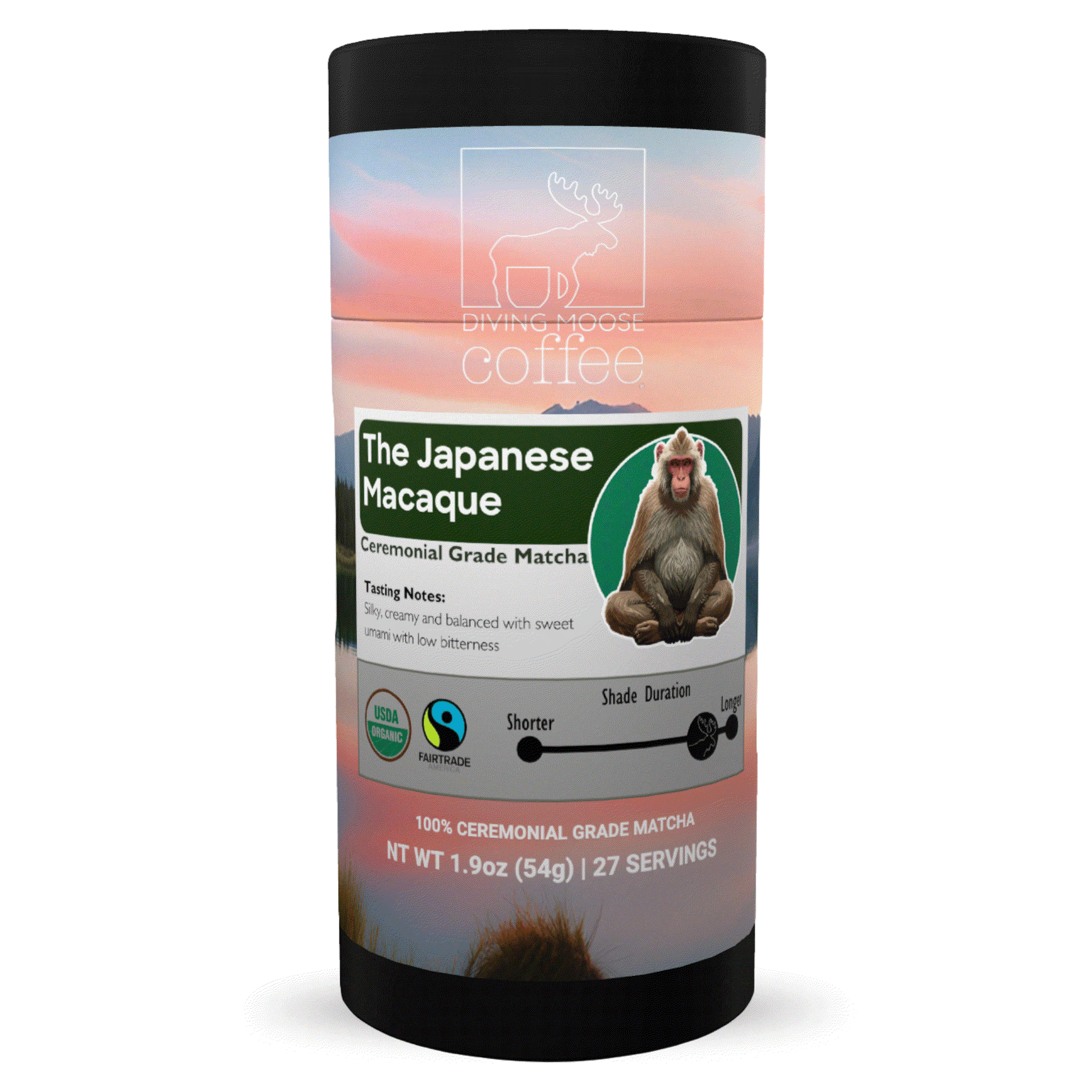 The Japanese Macaque - Organic Ceremonial Grade Matcha Tea packaging showcasing ceremonial grade matcha tea details.