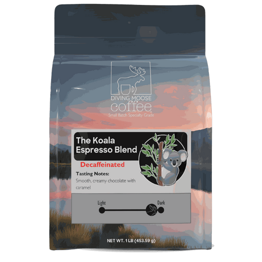 The Koala decaf espresso dark roast blend with smooth, creamy chocolate and caramel tasting notes in 1lb bag
