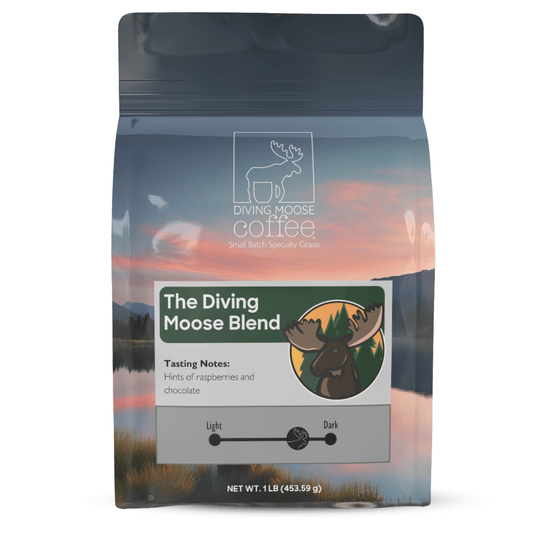 The Diving Moose Signature medium-dark roast coffee blend with raspberry and chocolate hints in 1 lb bag