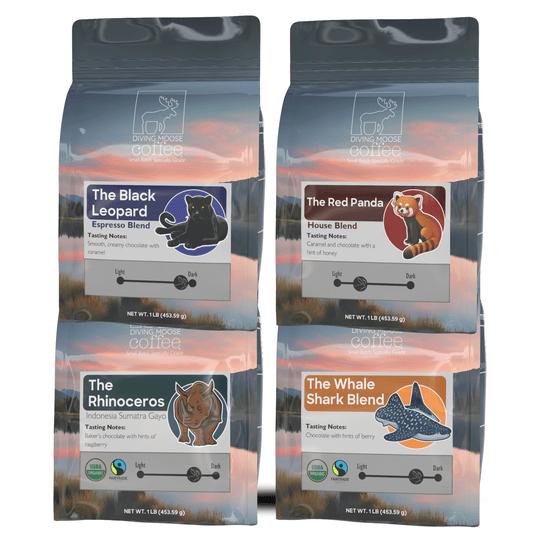 Most Popular Sample Pack of four 1lb coffee bags including Black Leopard, Red Panda, Rhinoceros, and Whale Shark blends