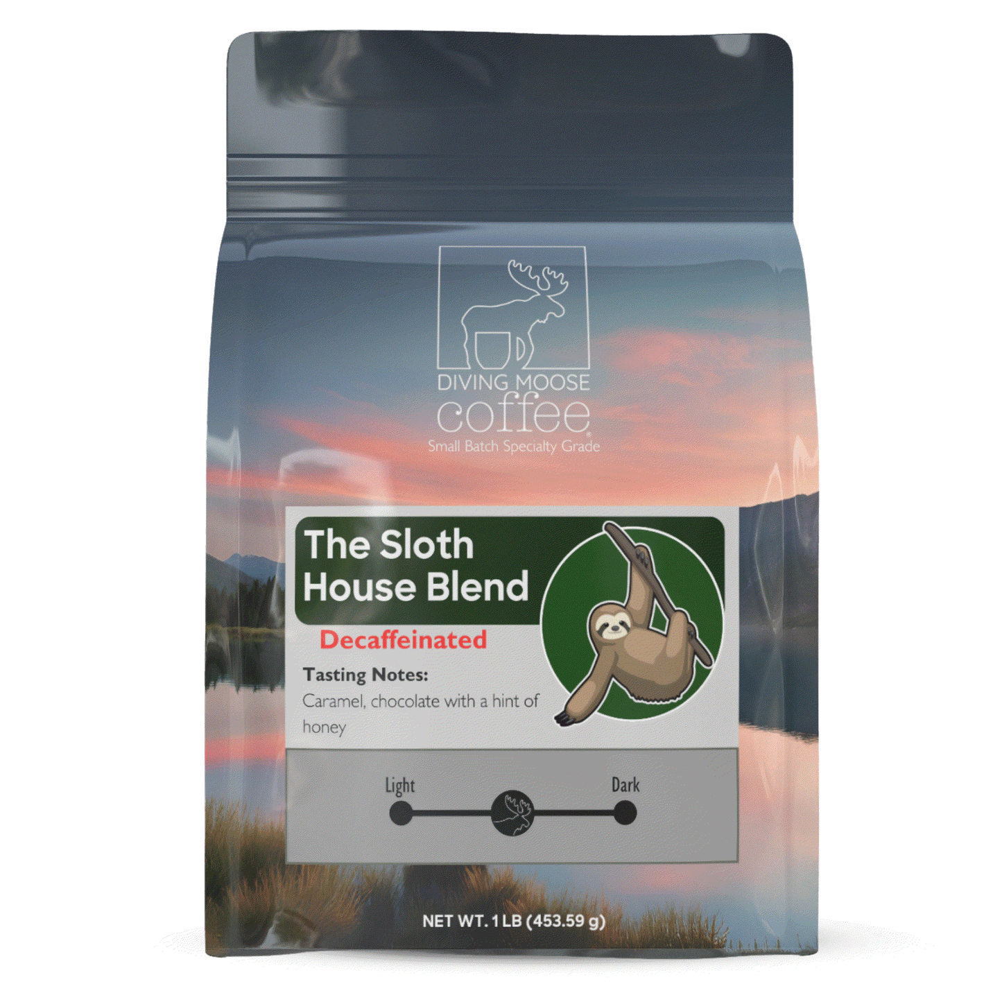 The Sloth Decaf House Medium-Light Roast Blend coffee bag with sloth illustration and tasting notes of caramel and chocolate