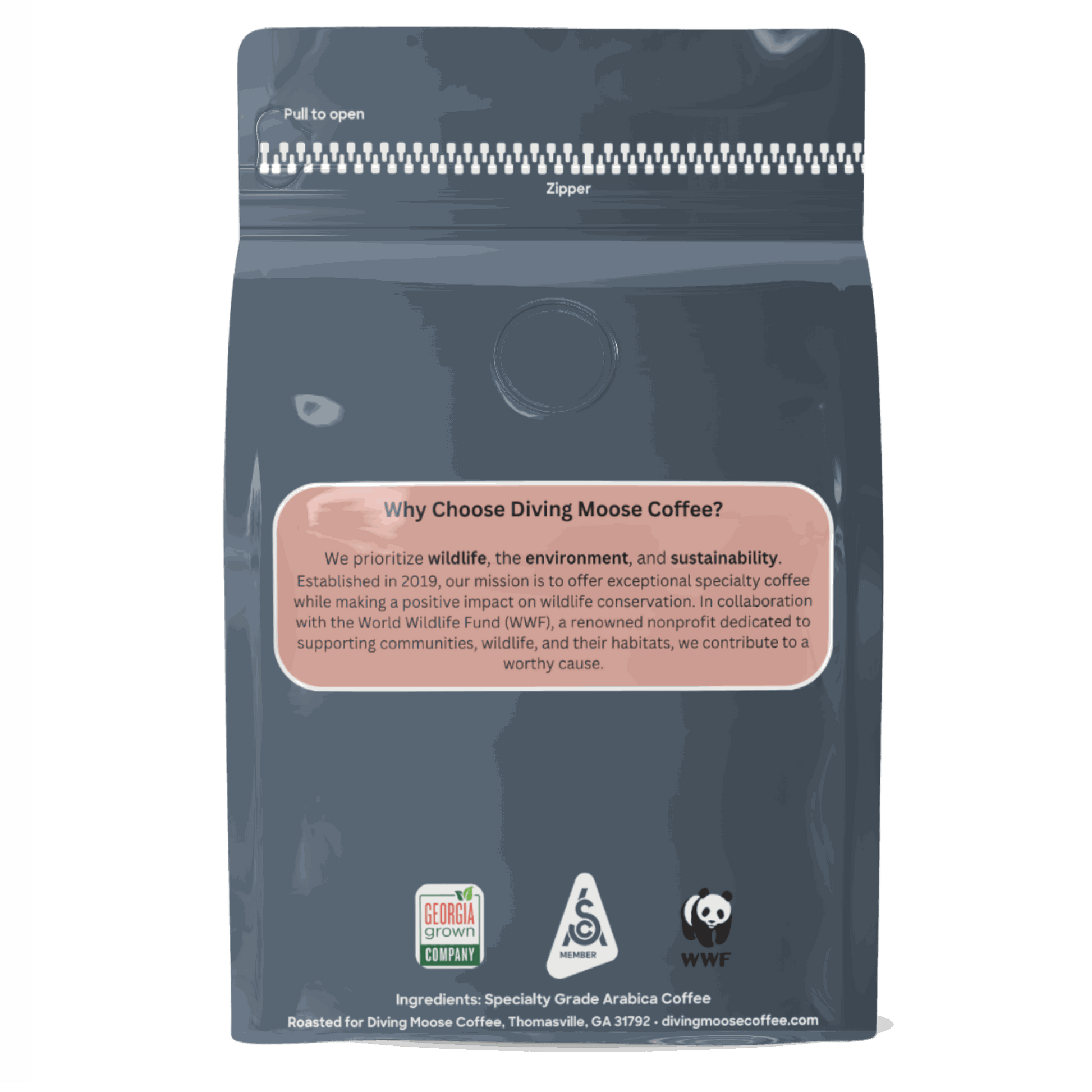 The Koala decaf espresso dark roast blend bag featuring eco-friendly Swiss Water Process coffee with chocolate and caramel notes