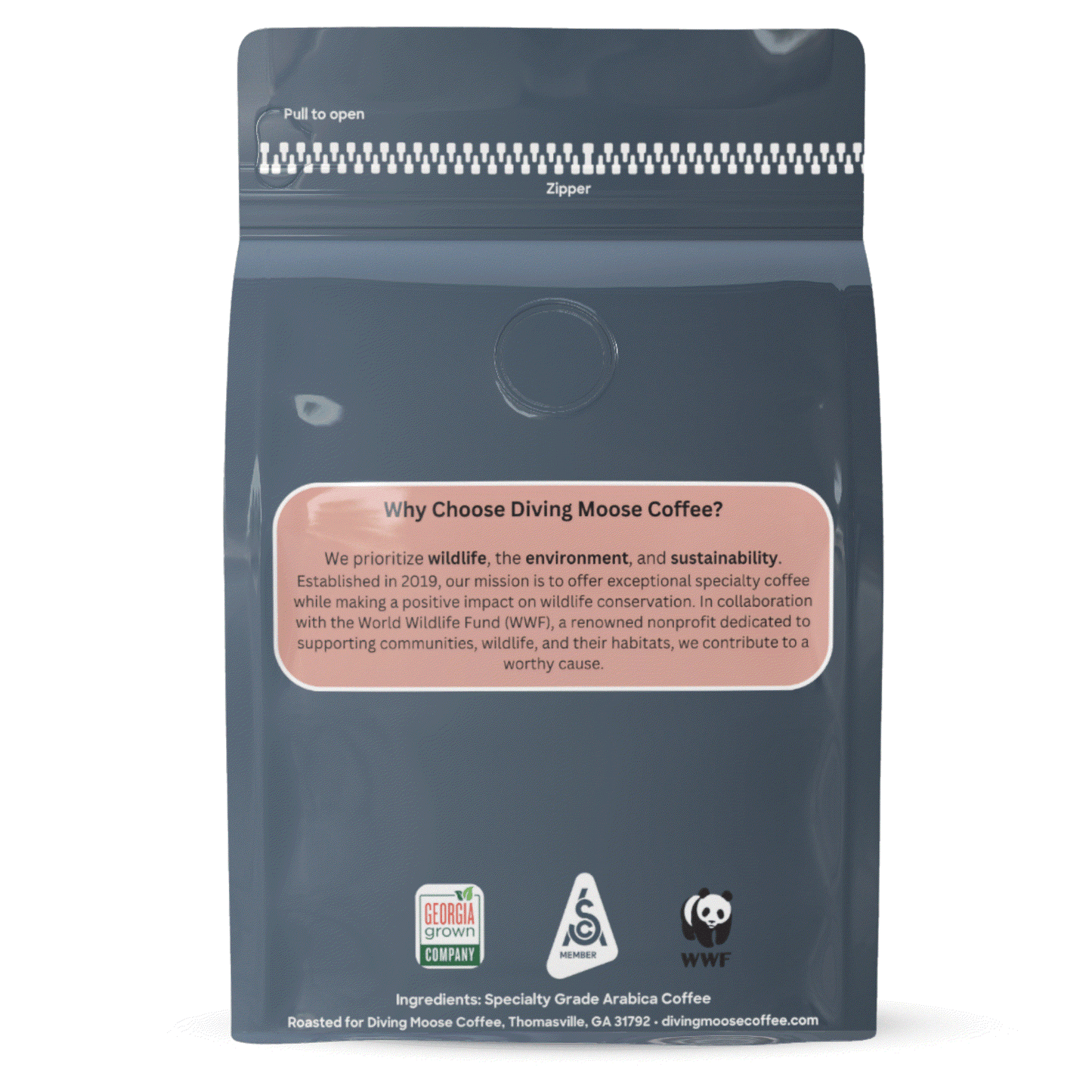 Back of the Sloth decaf house medium-light roast blend coffee bag with sustainability information and logos