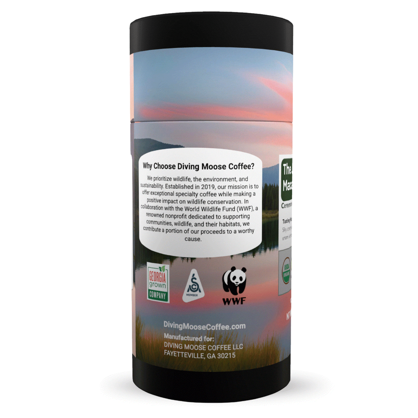 Diving Moose Coffee packaging showcasing commitment to sustainability and high-quality organic products.