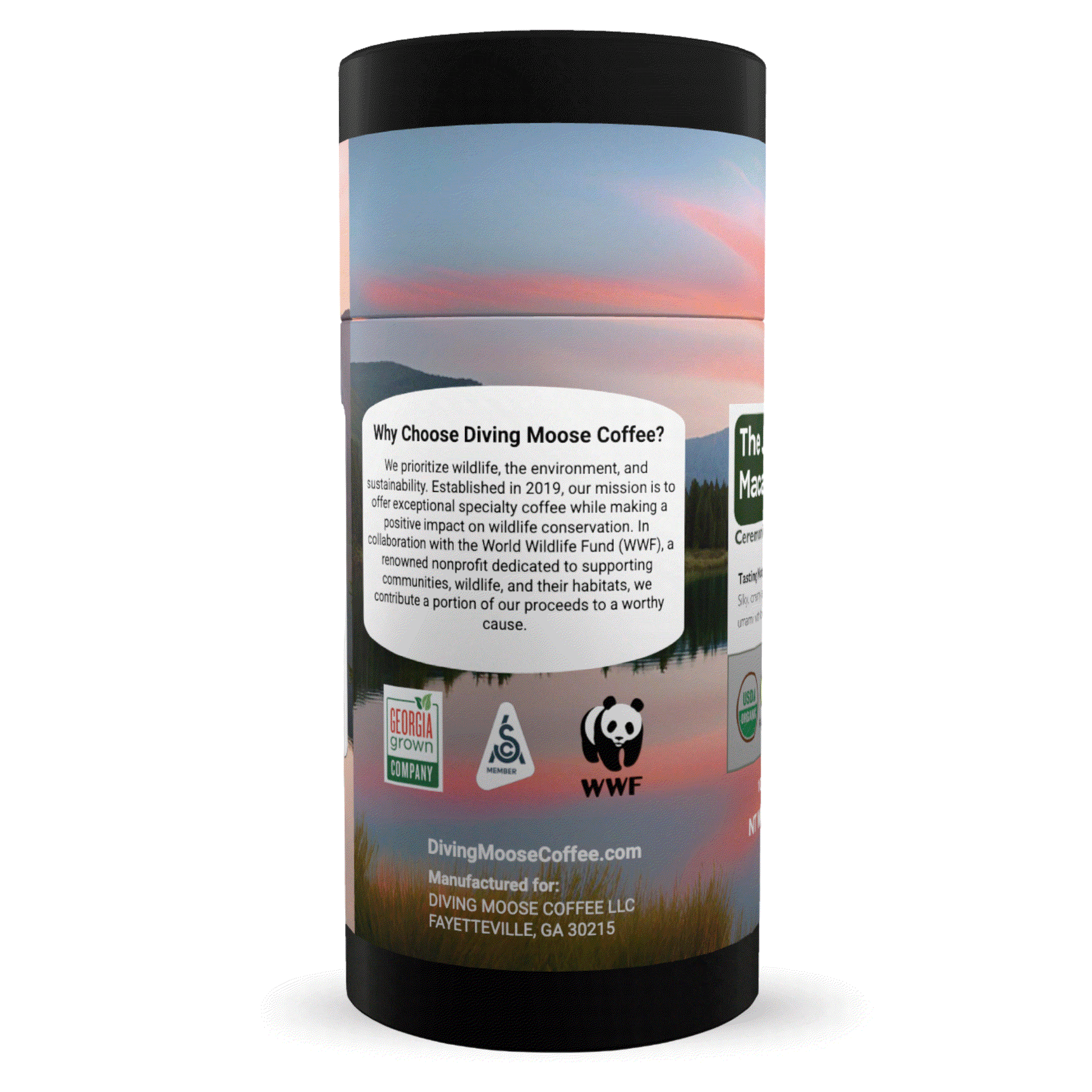 Diving Moose Coffee packaging showcasing commitment to sustainability and high-quality organic products.