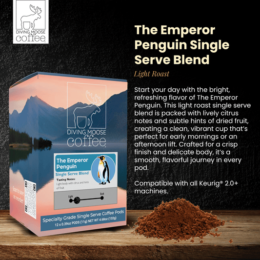 The Emperor Penguin light roast coffee pods box with citrus and dried fruit notes, compatible with K-Cup machines