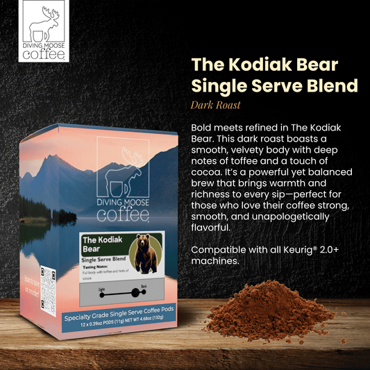 The Kodiak Bear dark roast coffee pods with toffee and cocoa notes, compatible with Keurig machines.