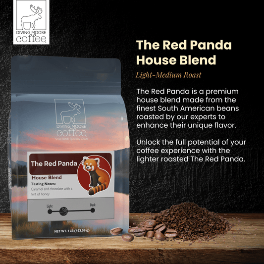 The Red Panda House Medium-Light Roast coffee blend bag with coffee beans and tasting notes of caramel, chocolate, and honey