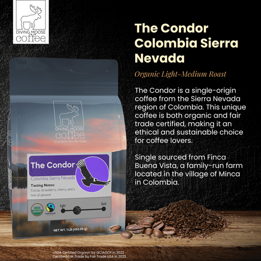 The Condor Colombia Sierra Nevada organic medium-light roast coffee bag with coffee beans and ground coffee on wooden surface