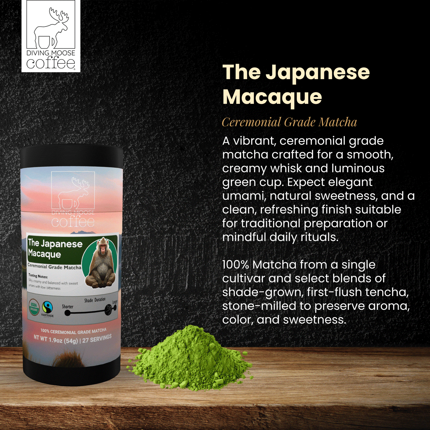 The Japanese Macaque ceremonial grade matcha tea packaging with vibrant green matcha powder.