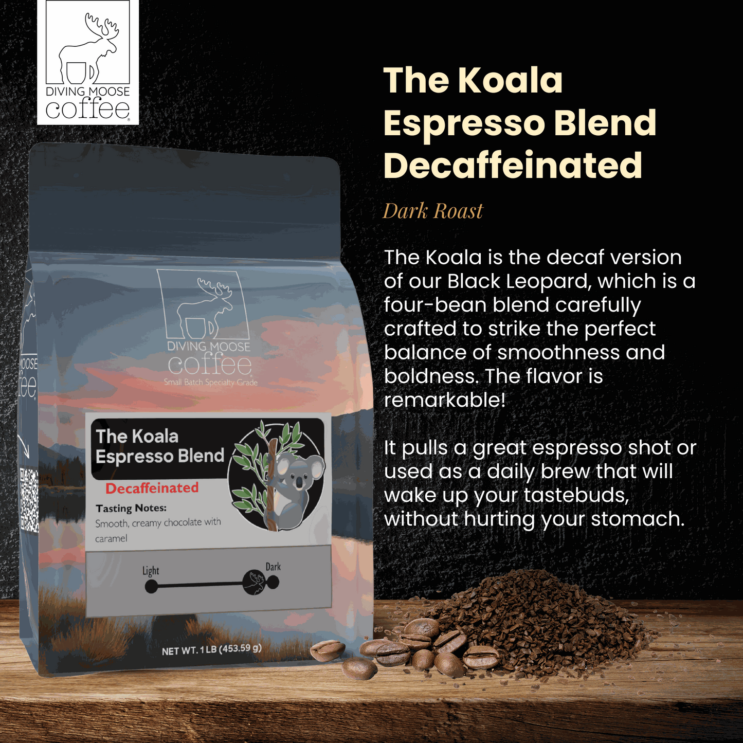 Decaf espresso dark roast blend with smooth, creamy chocolate and caramel notes in eco-friendly packaging