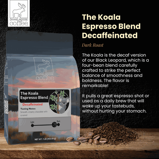 Decaf espresso dark roast blend with smooth, creamy chocolate and caramel notes in eco-friendly packaging