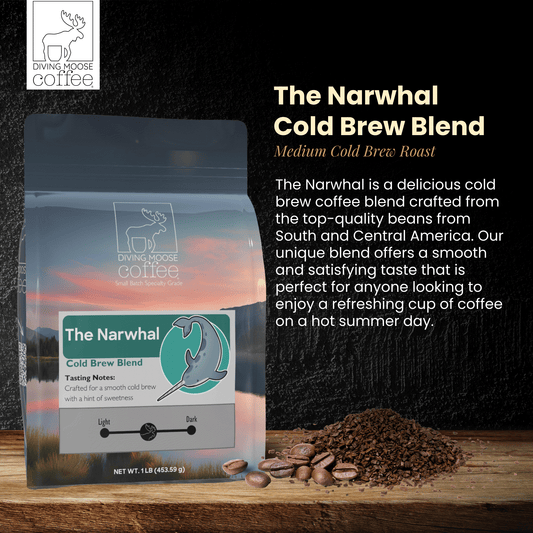 The Narwhal cold brew coffee blend package with coffee beans and ground coffee on wooden surface