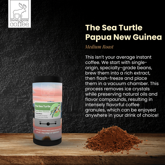 The Sea Turtle Papua New Guinea medium roast instant freeze dried coffee with rich, smooth flavor and aromatic notes of toasted almond and toffee