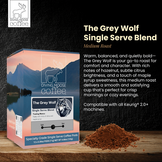 The Grey Wolf medium roast coffee pods with hazelnut, citrus, and maple syrup notes, compatible with Keurig machines
