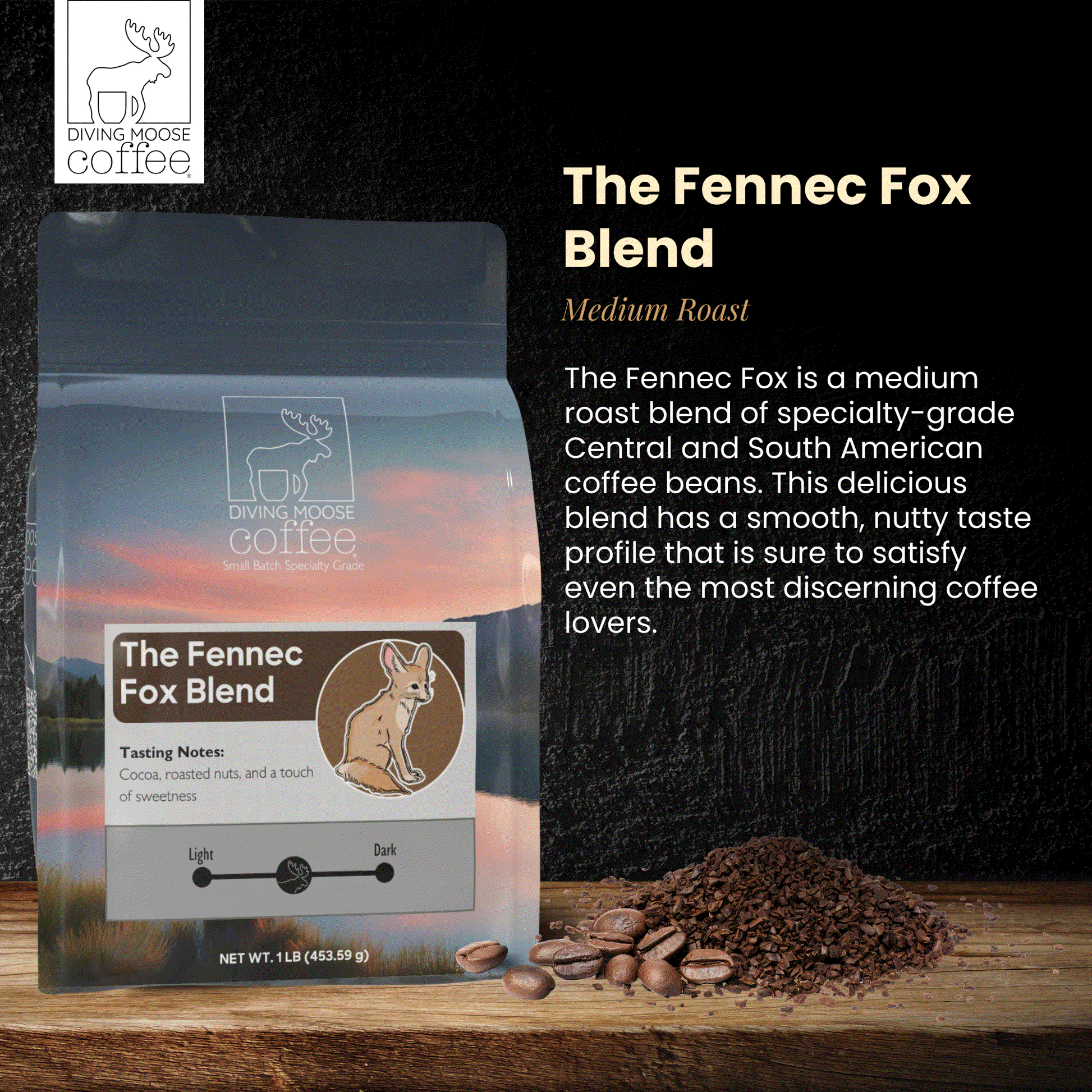 The Fennec Fox medium roast coffee blend bag with coffee beans and grounds on wooden surface