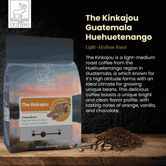 The Kinkajou Guatemala Huehuetenango light-medium roast coffee with orange, vanilla, and chocolate notes