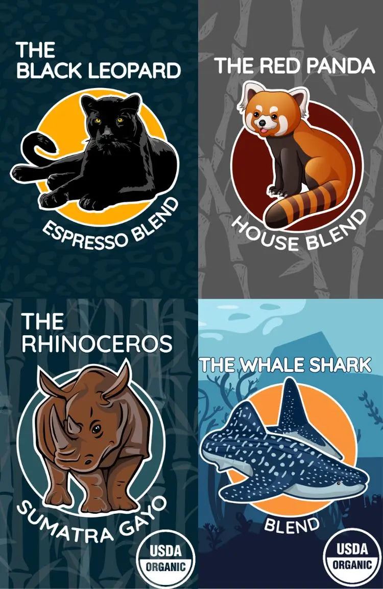 Most Popular Sample Pack with four popular coffee blends featuring black leopard, red panda, rhinoceros, and whale shark designs