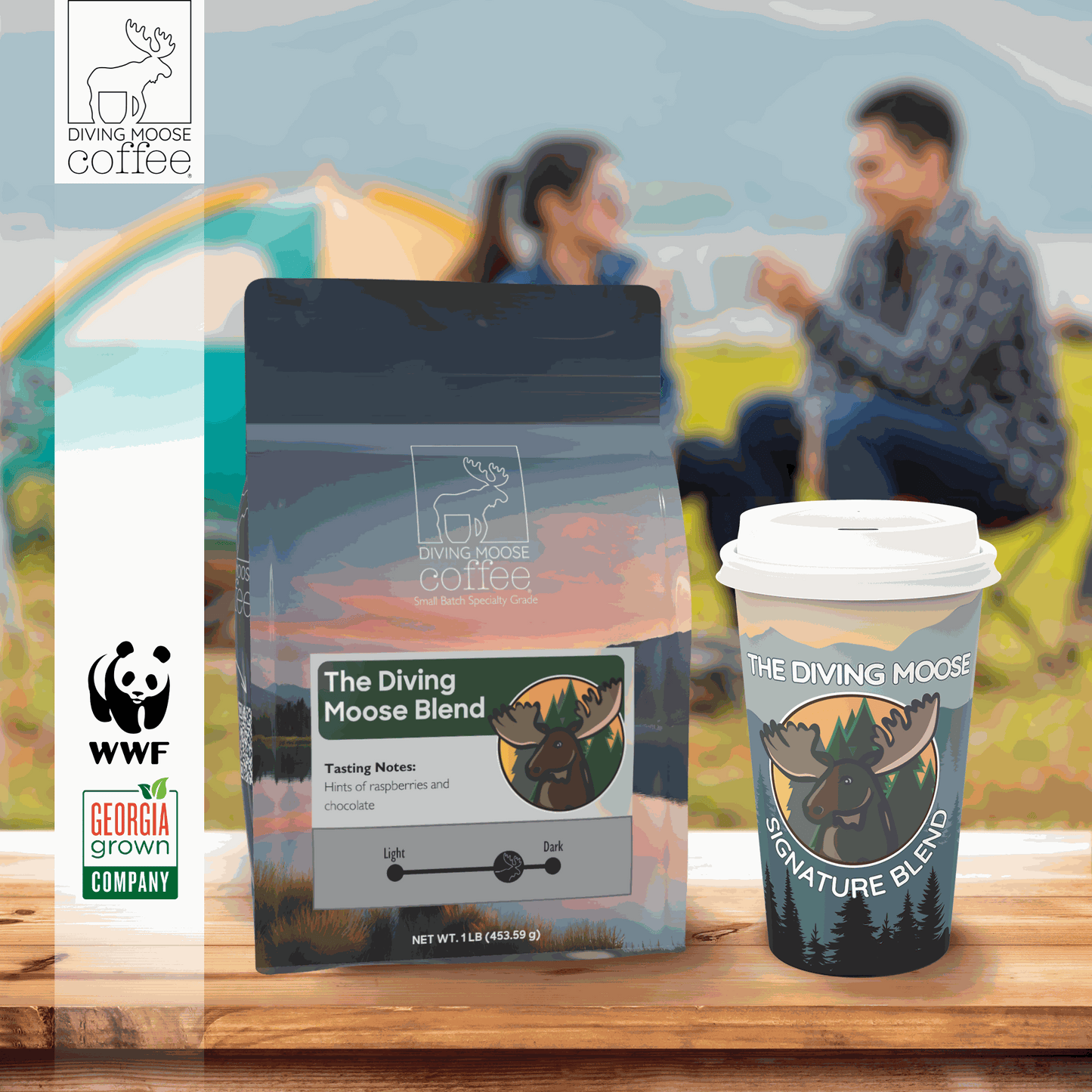 The Diving Moose Signature medium-dark roast coffee blend with raspberry and chocolate notes