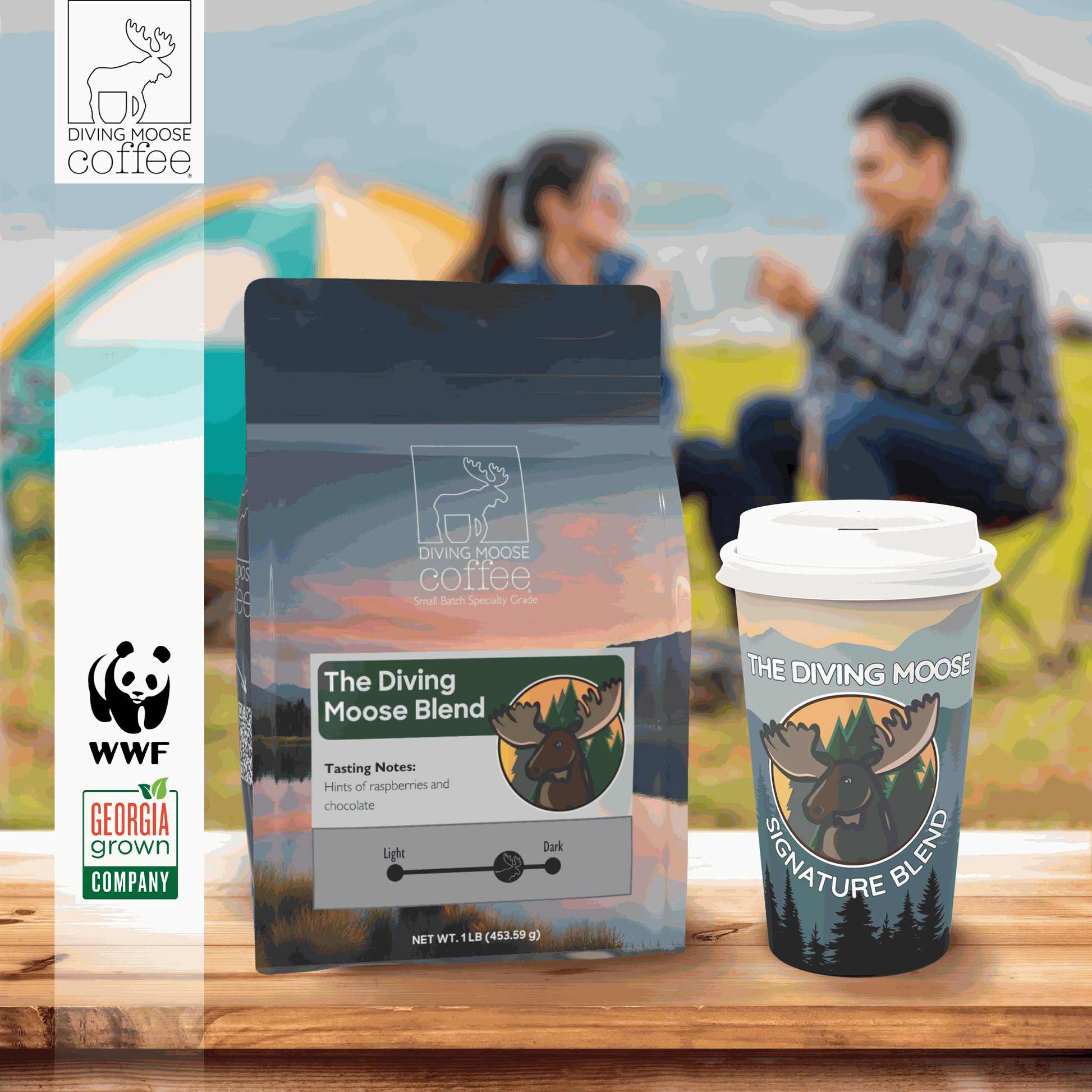 The Diving Moose Signature medium-dark roast coffee blend with raspberry and chocolate notes