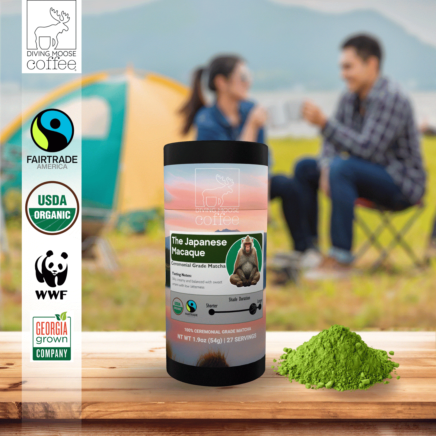 The Japanese Macaque - Organic Ceremonial Grade Matcha Tea canister displayed outdoors with green matcha powder.