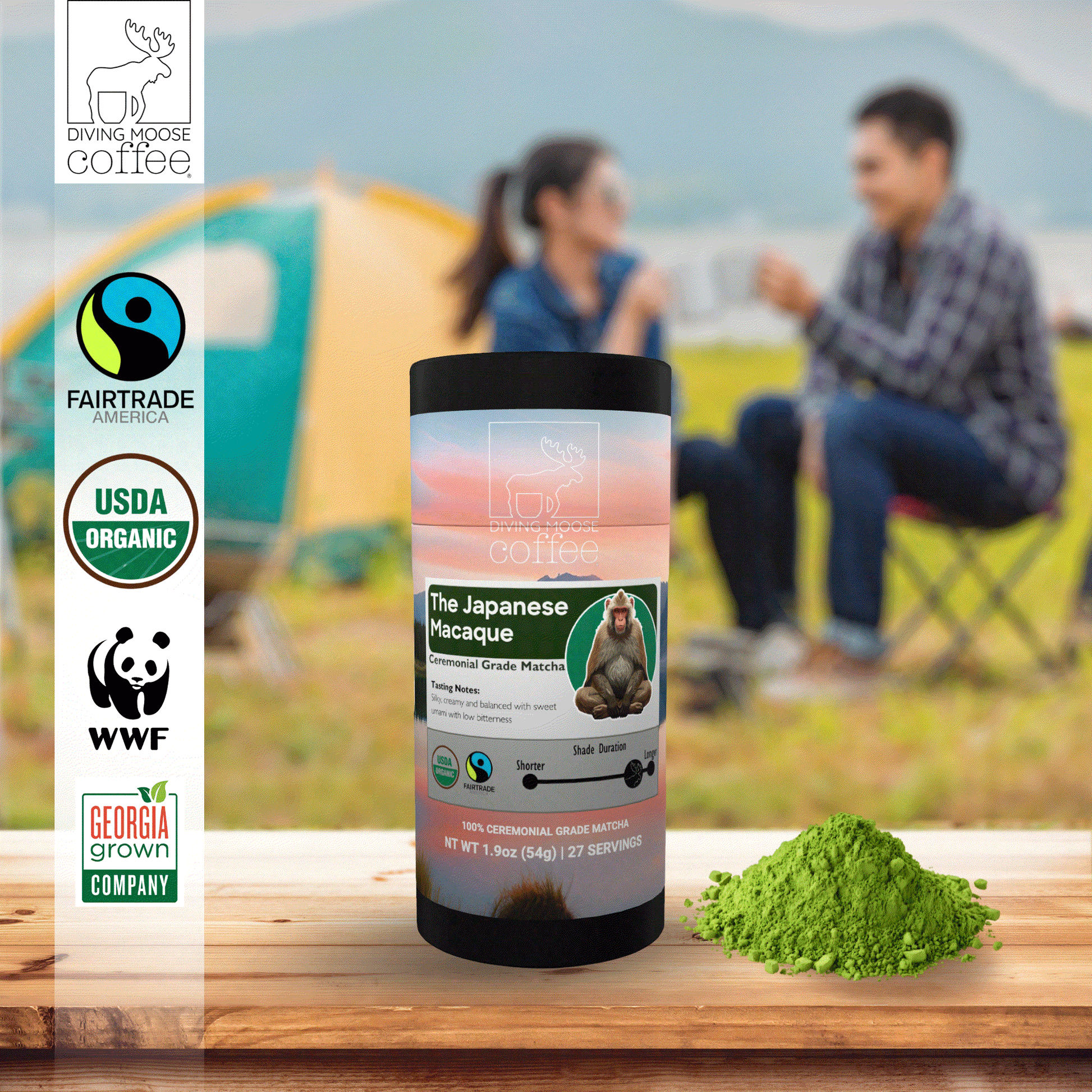 The Japanese Macaque - Organic Ceremonial Grade Matcha Tea canister displayed outdoors with green matcha powder.
