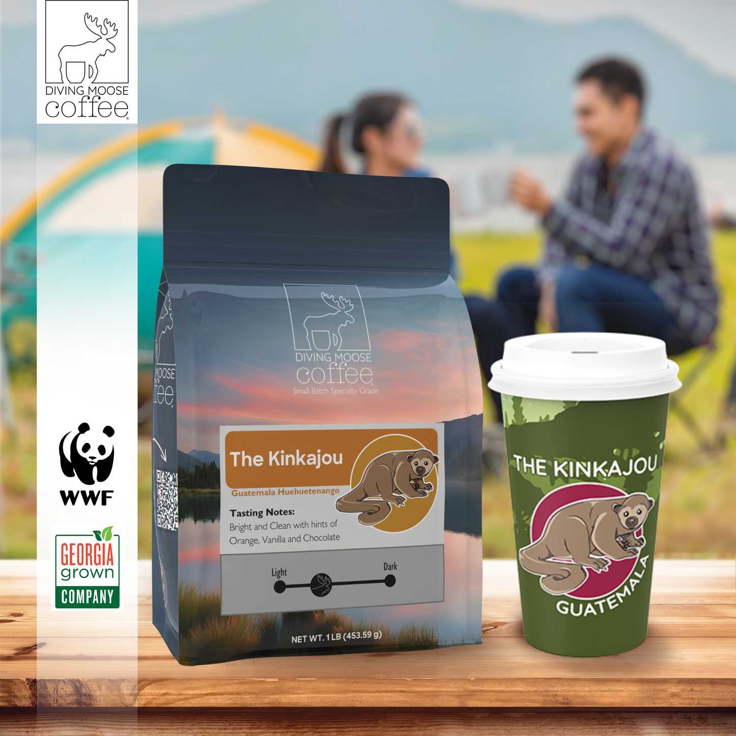 The Kinkajou Guatemala Huehuetenango medium-light roast coffee with notes of orange, vanilla, and chocolate in bag and cup