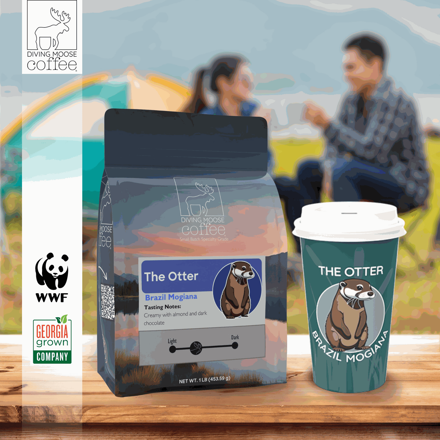 The Otter Brazil Mogiana medium-light roast coffee bag and cup with almond and dark chocolate notes