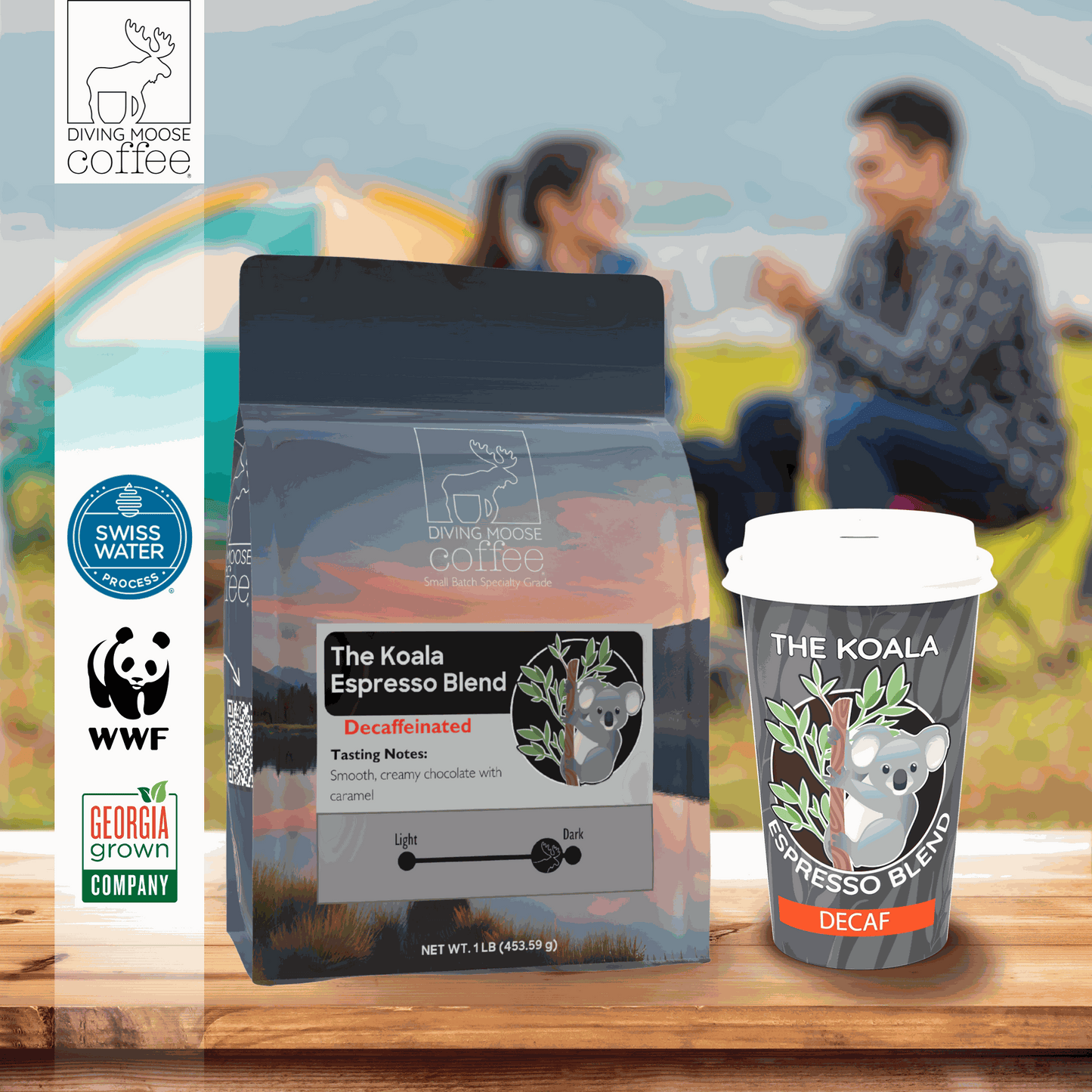 Decaf espresso dark roast blend with smooth caramel and chocolate notes, featuring The Koala branding