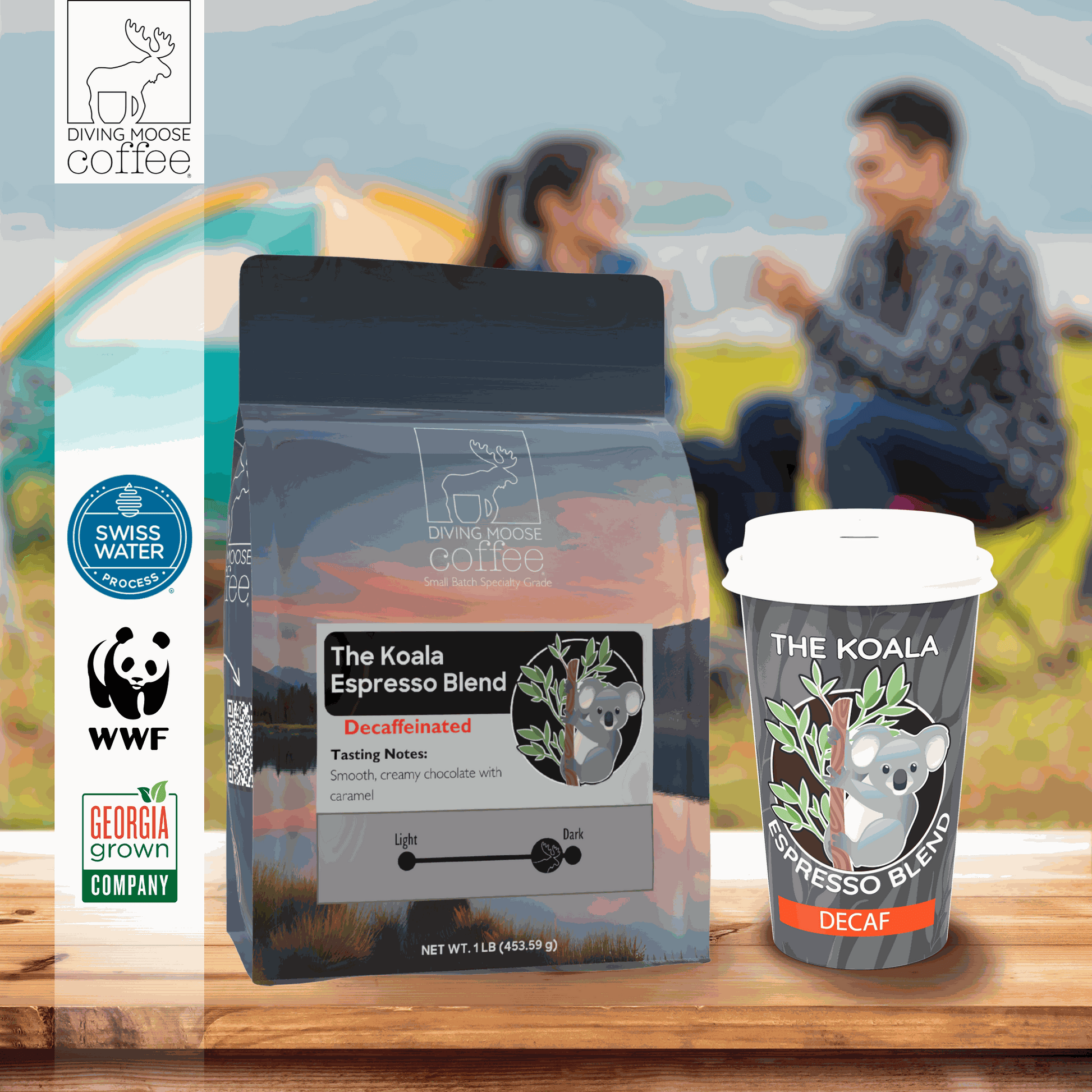 Decaf espresso dark roast blend with smooth caramel and chocolate notes, featuring The Koala branding