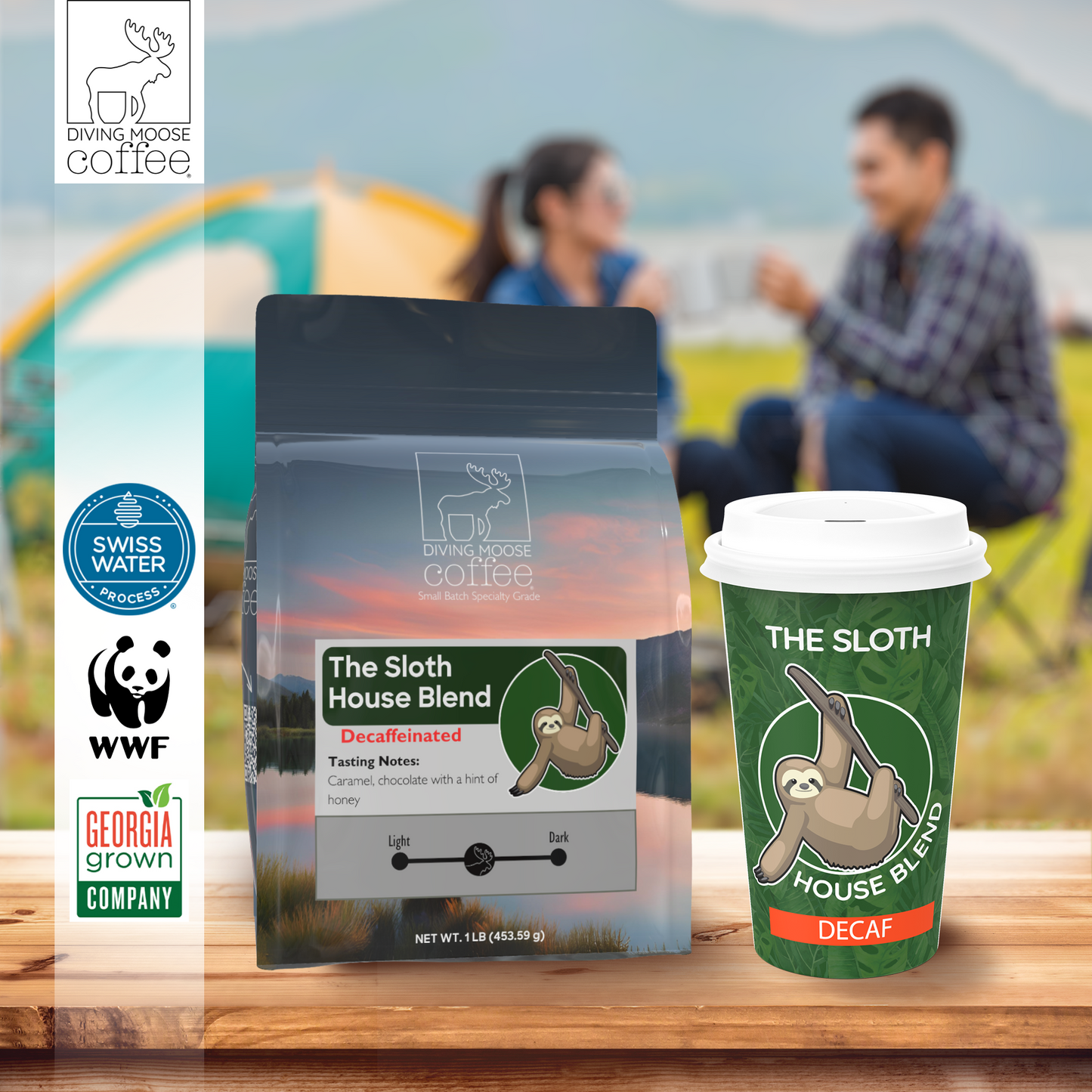 Decaf house medium-light roast blend coffee with sloth logo, eco-friendly Swiss Water process, and bold savory flavors