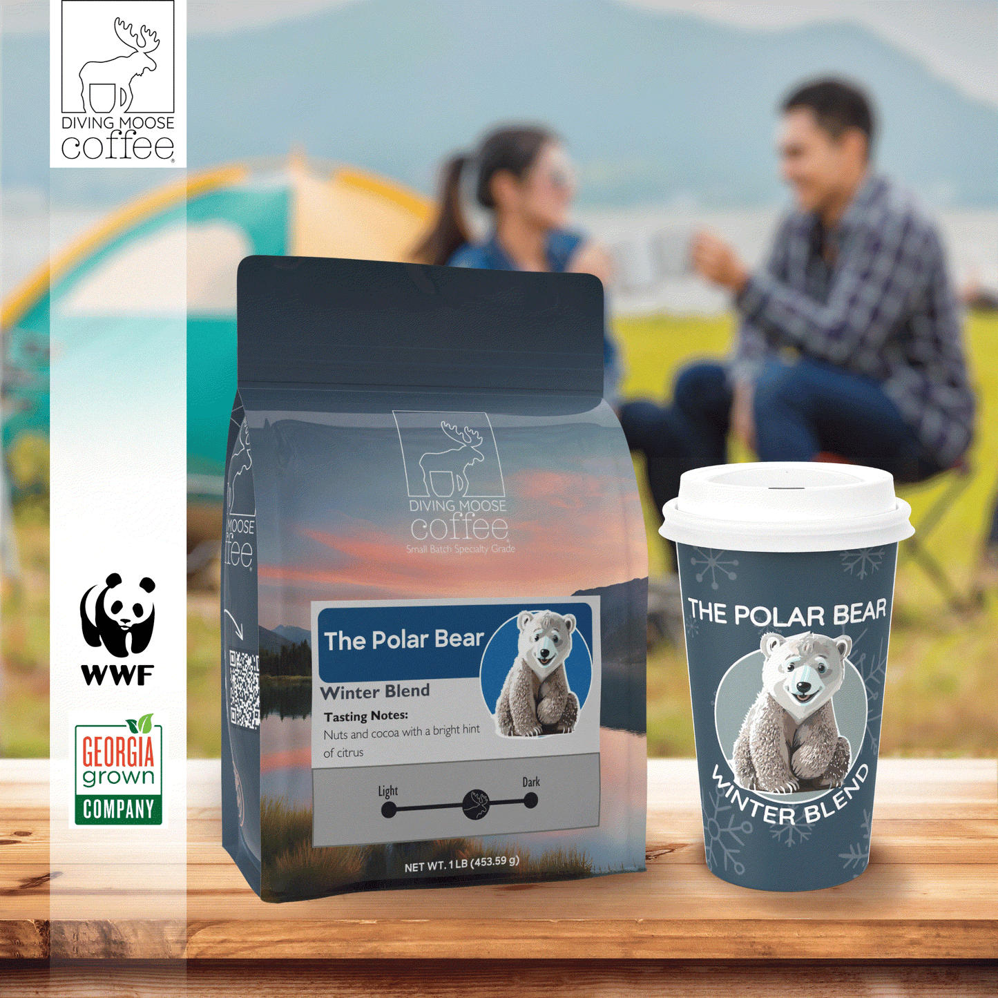 The Polar Bear winter blend coffee medium-dark roast with nuts, cocoa, and citrus notes in 1lb bag and cup