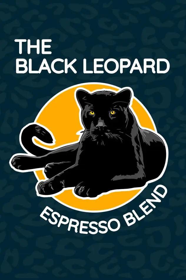 Black Leopard specialty espresso 4-bean dark roast blend logo with black leopard illustration and bold text