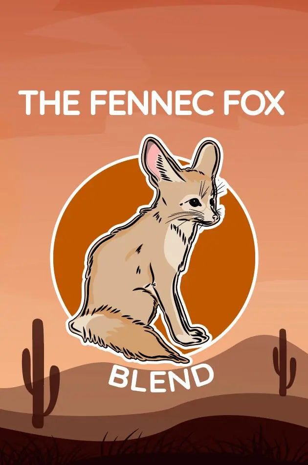 The Fennec Fox medium roast coffee blend logo with desert background and cactus silhouettes