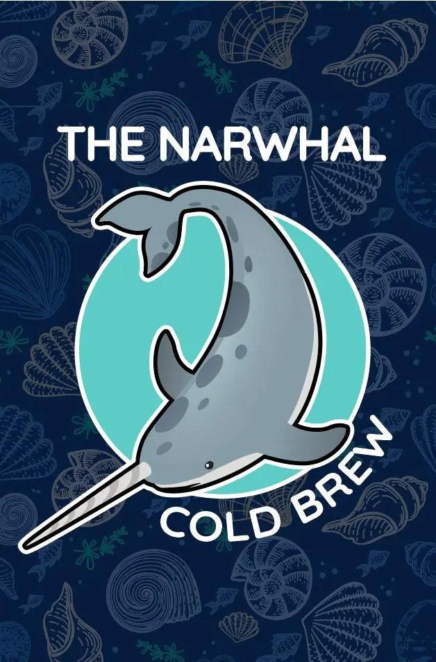 The Narwhal cold brew coffee blend logo with narwhal illustration on blue background