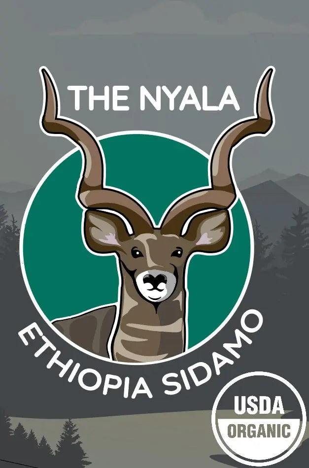 The Nyala Ethiopia Sidamo Organic Medium-Dark Roast coffee logo with USDA Organic certification emblem