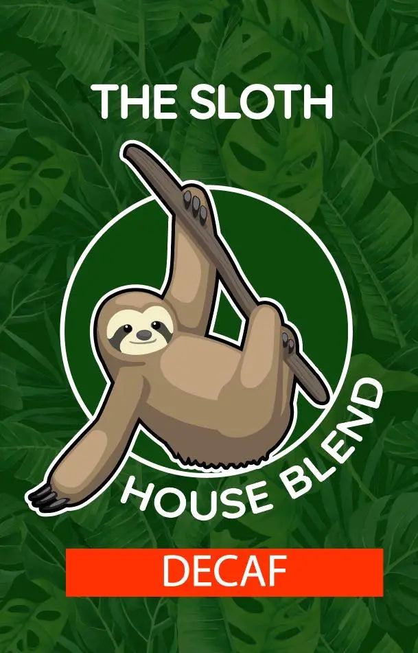 The Sloth decaf house medium-light roast blend coffee logo with sloth illustration on green leaf background