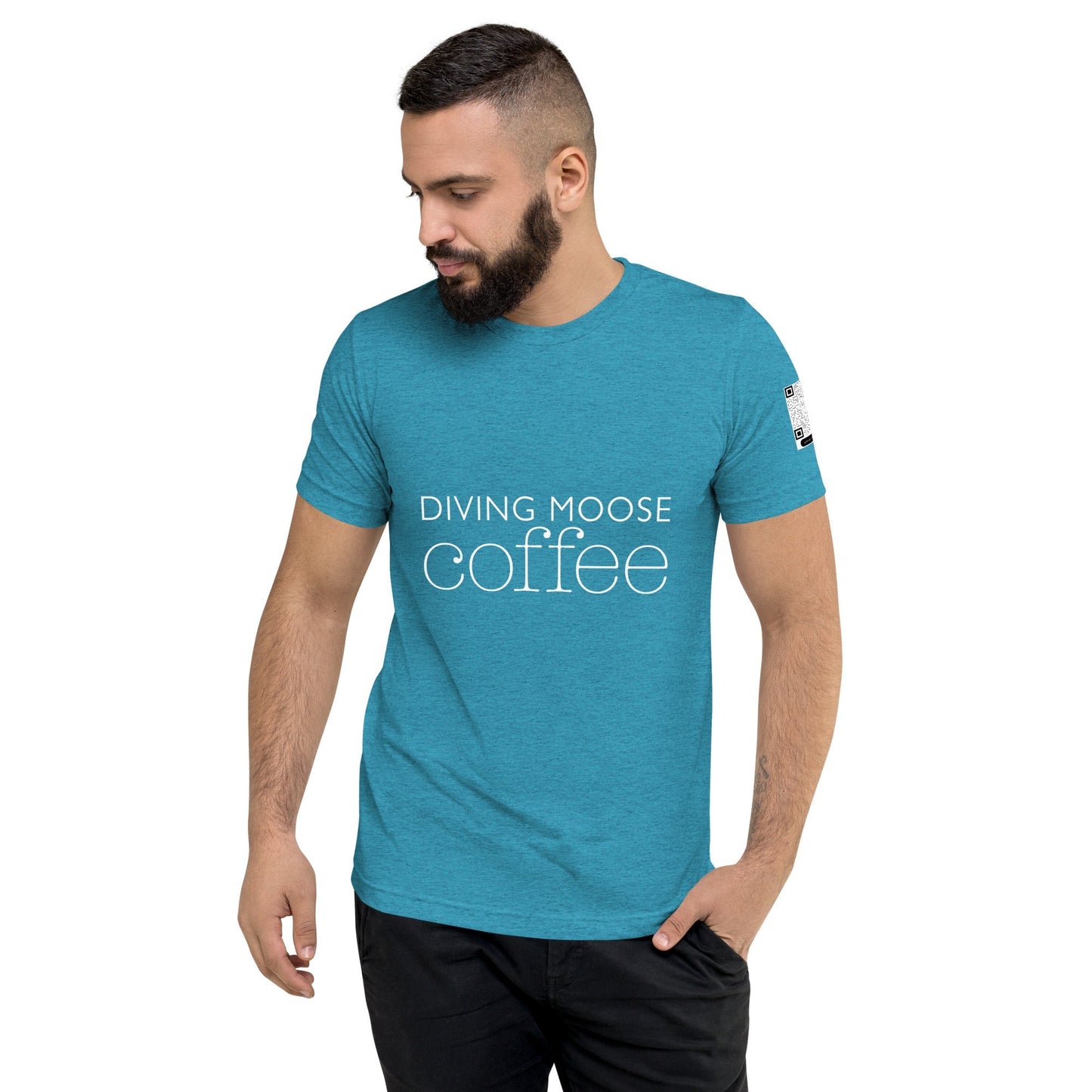 Man wearing blue DMC Word Logo tri-blend t-shirt with QR code on sleeve