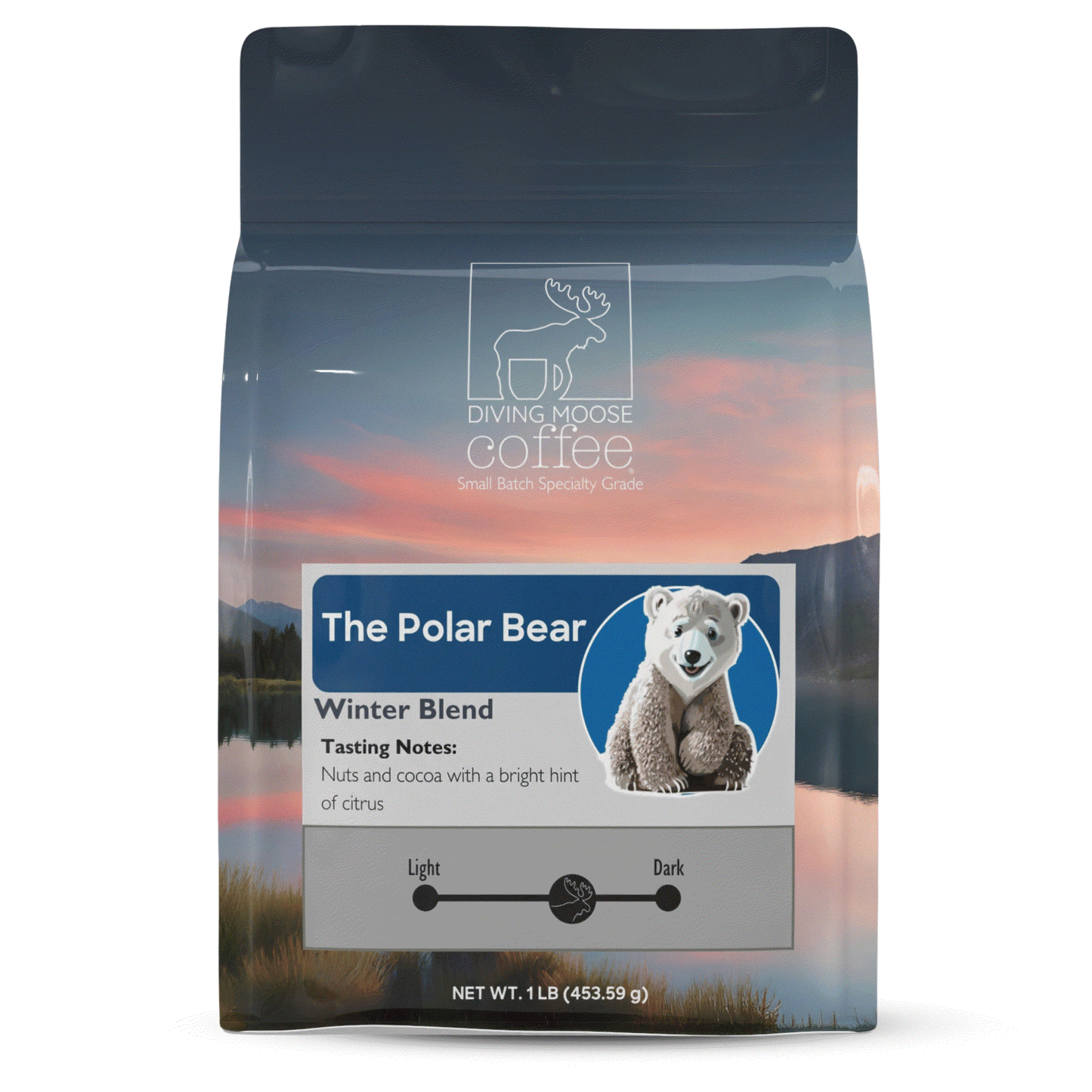 The Polar Bear medium-dark roast winter coffee blend with nuts, cocoa, and citrus notes in 1lb bag