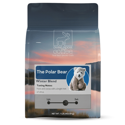 The Polar Bear medium-dark roast winter coffee blend with nuts, cocoa, and citrus notes in 1lb bag