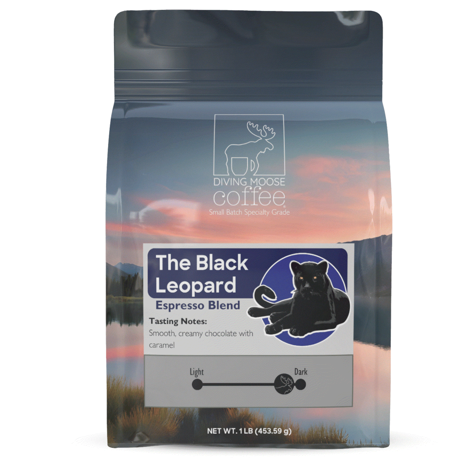 The Black Leopard specialty espresso dark roast coffee blend with smooth chocolate and caramel notes in a 1lb bag