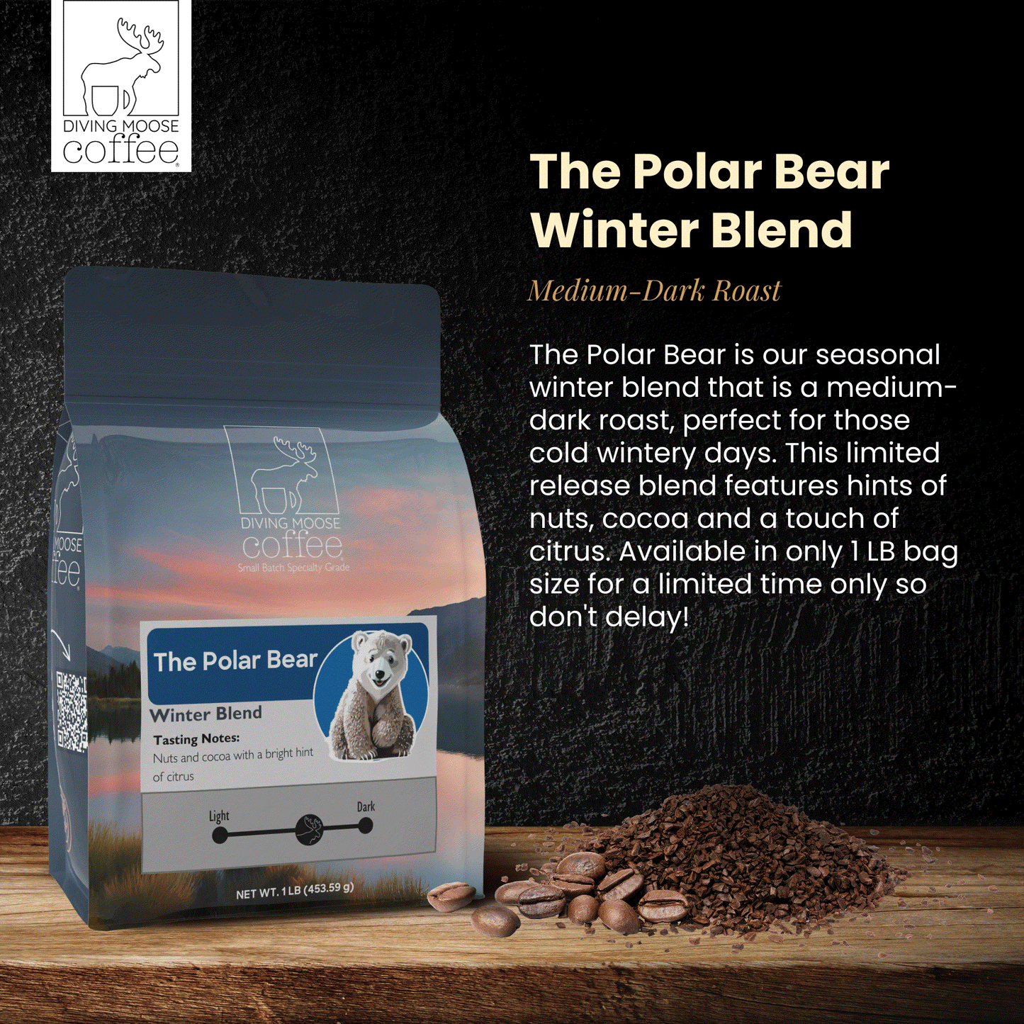 The Polar Bear winter seasonal medium-dark roast coffee blend with nuts, cocoa, and citrus notes in a 1lb bag