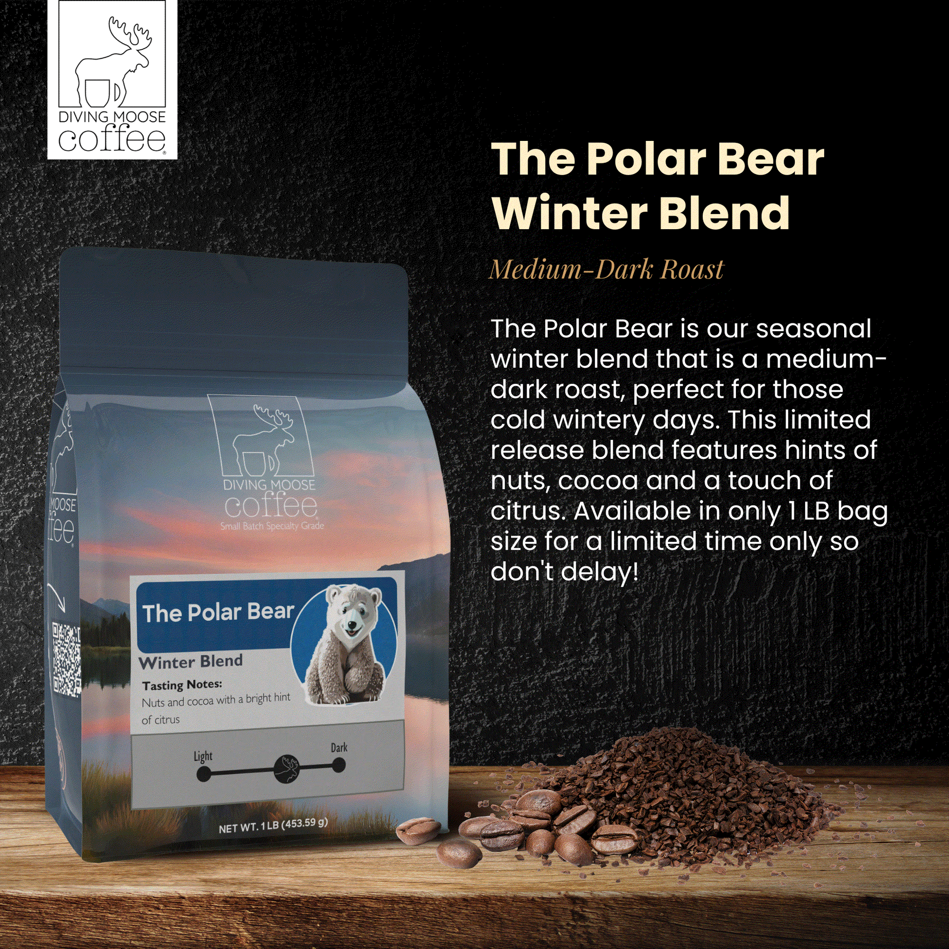 The Polar Bear winter seasonal medium-dark roast coffee blend with nuts, cocoa, and citrus notes in a 1lb bag