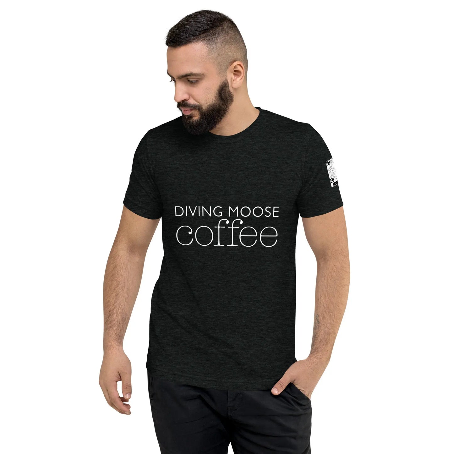 DMC Word Logo with QR Code Short Sleeve Tri-Blend Comfy T-shirt Diving Moose Coffee, LLC