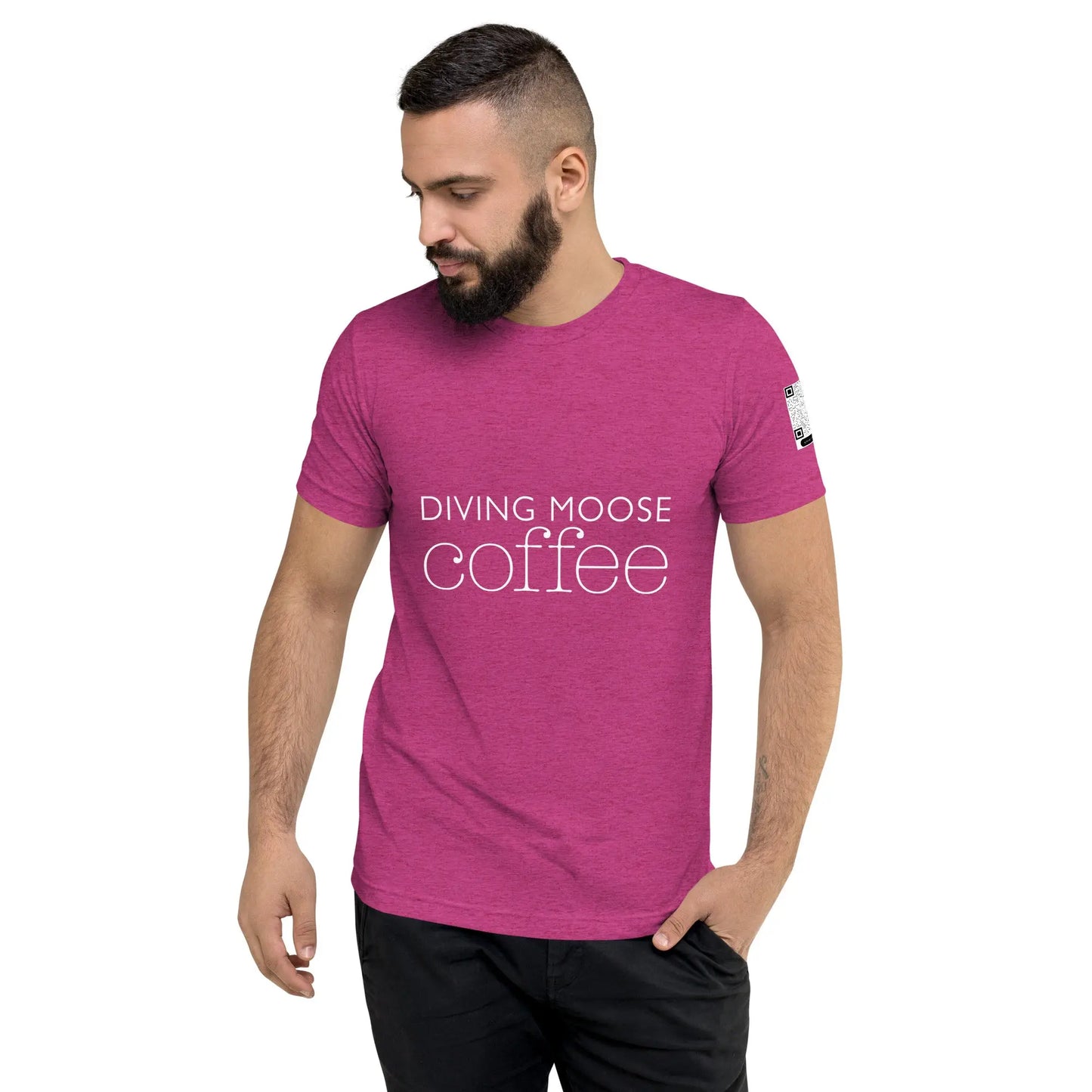 DMC Word Logo with QR Code Short Sleeve Tri-Blend Comfy T-shirt Diving Moose Coffee, LLC