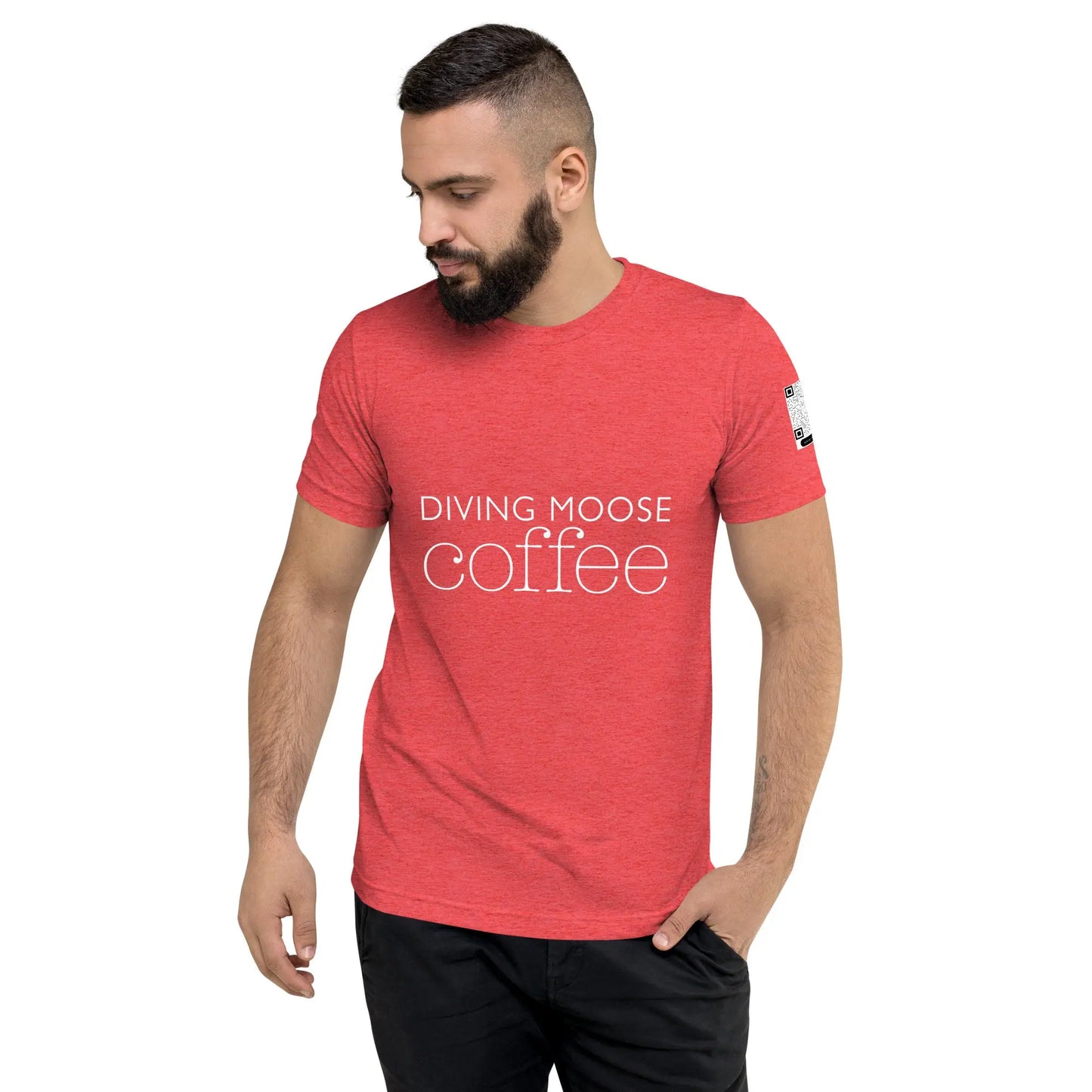 DMC Word Logo with QR Code Short Sleeve Tri-Blend Comfy T-shirt Diving Moose Coffee, LLC